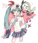  1girl :d bag blush collared_shirt commentary_request crossover eyelashes green_eyes green_hair hatsune_miku headphones highres long_hair meloetta musical_note open_mouth plaid plaid_skirt pleated_skirt pokemon pokemon_(creature) shirt short_sleeves shoulder_bag skirt smile sparkle sumeragi1101 twintails vocaloid white_headwear white_shirt 