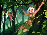  2girls :d arm_tattoo armpits asatsuki_(cookie) ascot benikurage_(cookie) blue_eyes blunt_bangs bob_cut bow breasts brown_eyes brown_hair commentary commentary_typo cookie_(touhou) detached_sleeves ensei_(hrjpn8440fqg3cq) fang forest frilled_bow frills full_body gold gold_hairband green_shirt green_skirt hair_bow hair_tubes hairband hakurei_reimu konpaku_youmu looking_at_another medium_bangs multiple_girls nature one_eye_closed open_mouth pixel_art plant red_bow red_footwear red_skirt sandals shirt shoes short_hair sidelocks skin_fang skirt skirt_set sleeveless sleeveless_shirt small_breasts smile socks swinging tan tattoo touhou tree vines white_hair white_sleeves white_socks wide_sleeves yellow_ascot 