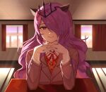  1girl absurdres alternate_costume blazer camilla_(fire_emblem) closed_mouth commentary commission cosplay crossover curtains desk doki_doki_literature_club english_commentary fire_emblem fire_emblem_fates fire_emblem_heroes gendou_pose grey_jacket hair_ornament hair_over_one_eye highres indoors jacket jewelry long_hair long_sleeves looking_at_viewer mariirasuto7 monika_(doki_doki_literature_club) monika_(doki_doki_literature_club)_(cosplay) neck_ribbon one_eye_covered own_hands_clasped own_hands_together purple_eyes purple_hair purple_nails red_ribbon ribbon ring school_desk school_uniform shirt smile solo very_long_hair wavy_hair white_shirt window 
