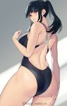  1girl absurdres ass back_cutout bare_arms bare_shoulders black_hair black_one-piece_swimsuit blunt_bangs blush closed_mouth clothing_cutout commentary_request from_behind highres kagematsuri long_hair looking_at_viewer looking_back mole mole_under_eye one-piece_swimsuit original ponytail solo swimsuit twitter_username 
