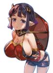  1girl black_shorts bow_(bhp) breasts cleavage commentary_request granblue_fantasy hat_behind_back horns huge_breasts looking_at_viewer osada_(granblue_fantasy) pointy_ears purple_eyes purple_hair red_headwear revision short_hair short_shorts shorts simple_background solo standing thighs white_background 