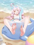  1girl ahoge bare_legs barefoot beach blue_archive eyewear_on_head feet highres hoshino_(blue_archive) hoshino_(swimsuit)_(blue_archive) j.c.14 ocean one_eye_closed open_mouth pink_hair soles solo toenails toes water 