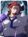  1boy arch bara bare_tree blue_necktie boogeyman_(housamo) border brown_hair closed_mouth collared_shirt colored_skin commentary facial_hair furrowed_brow glint goatee high_ponytail highres holding holding_knife knife large_hands large_pectorals long_hair male_focus mature_male multicolored_hair muscular muscular_male mustache_stubble necktie nizitaro outside_border over_shoulder pectorals purple_skin red_eyes scar scar_on_face scar_on_nose shirt sideburns sideburns_stubble solo tokyo_afterschool_summoners tree two-tone_hair upper_body weapon weapon_over_shoulder white_border white_shirt 