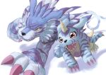  2others claws digimon digimon_(creature) gabumon garurumon horns looking_at_viewer multiple_others no_humans open_mouth red_eyes running shadow sharp_teeth simple_background single_horn takeuchi_(rtakeuchi1535) teeth white_background yellow_eyes 