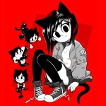  1girl absurdres animal_ears black_dress black_hair cat cat_ears cat_girl cat_tail dress gato_del_futuro grey_footwear grey_jacket grey_skirt highres jacket original panties playing shirt sitting skirt skull socks tail underwear walking white_panties 