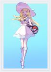  1girl absurdres bag blonde_hair blue_background blunt_bangs braid dress duffel_bag green_eyes hat highres holding holding_bag lillie_(pokemon) long_hair looking_at_viewer open_mouth pokemon pokemon_(game) pokemon_sm sleeveless sleeveless_dress sun_hat teeth twin_braids upper_teeth_only white_dress white_headwear yellowking_hiro 