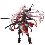  1girl absurdres armored_boots blue_eyes boots counter:side full_body gradient_hair heterochromia highres holding holding_sword holding_weapon horns japanese_clothes katana long_hair multicolored_hair nanahara_chifuyu official_art pink_eyes pink_hair sash single_horn sword transparent_background very_long_hair weapon white_hair 