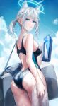  1girl absurdres akqne animal_ears ass back bag blue_archive blue_eyes blue_sky bottle breasts bright_pupils cloud cloudy_sky competition_swimsuit cowboy_shot cross_hair_ornament drink duffel_bag extra_ears from_behind hair_ornament halo highres holding holding_drink holding_towel looking_at_viewer looking_back medium_breasts mismatched_pupils official_alternate_costume one-piece_swimsuit outdoors parted_lips ponytail shiroko_(blue_archive) shiroko_(swimsuit)_(blue_archive) sideboob sidelocks sky solo standing swimsuit towel two-tone_swimsuit water_bottle wet wet_hair white_hair white_pupils wolf_ears 