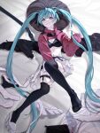  1girl absurdly_long_hair absurdres aqua_eyes aqua_hair bandaid bandaid_on_neck belt black_bra black_ribbon black_thighhighs bra breasts commentary_request feet full_body grin hair_ribbon hand_up hatsune_miku highres knee_up long_hair long_sleeves looking_at_viewer lying midriff on_back panties panties_removed pleated_skirt red_shrug ribbon shoes shoes_removed shrug_(clothing) sjm9982 skirt skirt_removed small_breasts smile solo thigh_belt thigh_strap thighhighs underwear very_long_hair vocaloid white_footwear white_skirt 