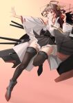  1girl absurdres ass_visible_through_thighs bare_shoulders black_skirt black_thighhighs brown_hair detached_sleeves double_bun echo-kilo grey_eyes hair_bun headgear highres kantai_collection kongou_(kancolle) kongou_kai_ni_(kancolle) long_hair nontraditional_miko pink_background ribbon-trimmed_sleeves ribbon_trim simple_background skirt solo thighhighs wide_sleeves 