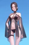  1girl absurdres bare_legs bikini black_bikini black_eyes black_hair blue_background breasts closed_mouth drid fingernails hair_bun hand_on_own_hip highres looking_at_viewer navel original parted_bangs simple_background smile solo stomach swimsuit 