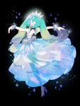  1girl absurdres arms_at_sides back black_background black_choker blue_dress choker closed_eyes crown dot_nose dress floating floating_hair full_body glint glowing glowing_crown green_hair gyuhwa happy hatsune_miku highres layered_dress legs_apart lens_flare light_particles long_dress music open_mouth project_voltage signature simple_background singing solo sparkle strapless strapless_dress twintails vocaloid 