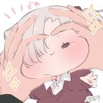  1girl 1other black_nails black_scrunchie blush brown_cardigan cardigan chibi closed_eyes closed_mouth facing_viewer grey_hair hair_ornament hair_over_one_eye hair_scrunchie ishikawa_luna long_sleeves nail_polish nikki_kyousuke notice_lines original puffy_long_sleeves puffy_sleeves scrunchie side_ponytail signature simple_background snoot_challenge sparkle v white_background 