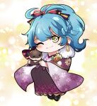 1girl antenna_hair blue_hair chibi earrings fire_emblem fire_emblem_heroes high_ponytail holding holding_stuffed_toy jewelry looking_at_viewer official_alternate_costume one_eye_closed reginn_(fire_emblem) reginn_(new_year)_(fire_emblem) smile solo stuffed_animal stuffed_toy yami11 yellow_eyes 
