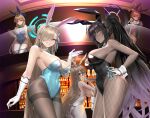  5girls akane_(blue_archive) akane_(bunny)_(blue_archive) animal_ears armpits asuna_(blue_archive) asuna_(bunny)_(blue_archive) black_hair black_leotard black_pantyhose blonde_hair blue_archive blue_bow blue_bowtie blue_eyes blue_halo blue_leotard blush bow bowtie breasts brown_eyes cleaning_&amp;_clearing_(blue_archive) closed_mouth dark-skinned_female dark_skin detached_collar fake_animal_ears fake_tail fishnet_pantyhose fishnets gloves grin hair_over_one_eye halo highres holding holding_tray indoors jacket karin_(blue_archive) karin_(bunny)_(blue_archive) large_breasts leotard light_brown_hair long_hair long_sleeves medium_breasts multiple_girls neru_(blue_archive) neru_(bunny)_(blue_archive) official_alternate_costume pantyhose ponytail purple_halo rabbit_ears rabbit_tail red_eyes red_hair red_leotard short_hair smile sukajan sunkilow tail thighhighs toki_(blue_archive) toki_(bunny)_(blue_archive) tray white_gloves white_leotard white_thighhighs yellow_eyes 