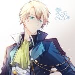  1boy ascot blonde_hair blue_coat blue_eyes closed_mouth coat eiyuu_densetsu green_ascot hair_between_eyes highres jusis_albarea looking_at_viewer male_focus open_clothes open_coat portrait sen_no_kiseki sen_no_kiseki_iii short_hair soap_(user_kghh4755) solo vest white_vest 