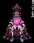  1boy absurdres armor black_background bright_pupils cape closed_mouth commentary_request crown frown full_body glowing glowing_heart hair_over_one_eye highres korean_commentary leon_(pokemon) long_hair male_focus pokemon pokemon_(game) pokemon_swsh purple_hair red_cape redlhzz sitting skeletal_hand solo throne white_pupils yellow_eyes 