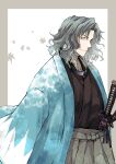  1boy absurdres aqua_hair black_kimono blue_jacket border cowboy_shot fate/grand_order fate_(series) grey_border grey_hakama hakama haori highres jacket japanese_clothes kainohito katana kimono leaf light_smile looking_at_viewer male_focus maple_leaf medium_hair multiple_swords outside_border parted_bangs saitou_hajime_(fate) saitou_hajime_(third_ascension)_(fate) sheath sheathed shinsengumi sideways_glance solo standing sword wavy_hair weapon white_background yellow_eyes 