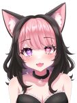  1girl absurdres animal_ear_fluff animal_ears bare_shoulders black_choker black_dress black_hair breasts cat_ears cat_girl choker cleavage close-up collarbone darlingstrawb dress fang heart heart-shaped_pupils heart_choker heterochromia highres indie_virtual_youtuber long_hair miwapeito multicolored_hair open_mouth pink_eyes pink_hair purple_eyes solo strapless strapless_dress symbol-shaped_pupils two-tone_hair virtual_youtuber 