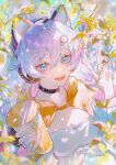  1girl absurdres animal_ears blue_eyes blurry branch collarbone cup dappled_sunlight depth_of_field fake_animal_ears hair_between_eyes hair_ornament hairclip headphones highres holding honkai_(series) honkai_impact_3rd hood jacket jewelry kiana_kaslana looking_at_viewer neck_ring open_mouth outdoors solo sunlight twintails v white_hair zhumojian 