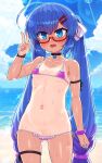  1girl ahoge ass_visible_through_thighs beach bell bikini black_choker blue_eyes blue_hair blue_sky blush bow breasts cameltoe choker cloud collarbone day fang frilled_bikini frills glasses hair_between_eyes hair_bow hand_up highres long_hair looking_at_viewer micro_bikini navel neck_bell null_(nyanpyoun) ocean one-piece_tan open_mouth otomachi_una outdoors purple_bikini red-framed_eyewear semi-rimless_eyewear skin_fang sky small_breasts solo standing string_bikini striped striped_bow swimsuit tan tanlines thigh_strap twintails v very_long_hair vocaloid wet white_bow 