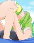  1girl armpit_peek black_hair bra cloud green_shorts haruyama_kazunori healin&#039;_good_precure legs long_hair panties panty_peek pantylines precure sawaizumi_chiyu shoes short_shorts shorts solo tree underwear white_bra 