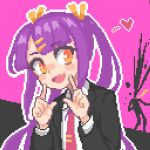 1girl black_suit blush blythe_(hcnone) fang hair_ornament hairclip hcnone heart long_hair long_sleeves looking_at_viewer necktie open_mouth orange_eyes original pixel_art purple_hair red_necktie ribbon skin_fang smile solo suit tie_clip twintails upper_body yellow_ribbon 
