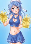  1girl anti_(untea9) armpits bare_shoulders beret blue_background blue_eyes blue_hair blue_shirt blue_skirt blush breasts cheerleader cleavage_cutout clothing_cutout cowboy_shot crop_top double_bun gradient_background hair_bun hat highres holding holding_pom_poms kantai_collection looking_at_viewer medium_hair midriff miniskirt navel open_mouth pleated_skirt pom_pom_(cheerleading) sailor_hat shirt skirt smile solo urakaze_(kancolle) 