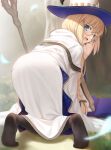  1girl absurdres ass bent_over besmiled blonde_hair blue_eyes blush braid brown_pantyhose cloak commentary_request dress fate/grand_order fate_(series) glasses gold_trim hat highres long_hair looking_at_viewer looking_back pantyhose revision round_eyewear smile solo staff tonelico_(fate) white_cloak white_dress white_headwear witch_hat 