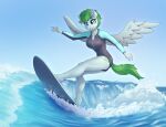  2023 absurd_res anthro blue_body blue_eyes blue_fur breasts butt clothing collarbone cutie_mark dandy_(artist) equid equine eyebrows eyelashes fan_character feathered_wings feathers female freckles fur glistening glistening_body green_hair green_tail hair hasbro hi_res inner_ear_fluff mammal my_little_pony outside pegasus sea short_hair smile solo surfboard surfing tail tuft water wet wetsuit wings 