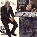  1boy alternate_costume bare_pectorals big_nose collared_shirt dated dinosaur dog_tags heart highres hunter_x_hunter long_hair lying male_focus morel_mackernasey nkwtsrsk_hh no_eyebrows on_side open_clothes open_shirt partially_unbuttoned pectorals shirt spoken_heart sunglasses translation_request wrinkled_skin 