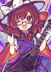 1girl blue_background blush bow bowtie breasts brown_eyes brown_hair buttons cloak clowk collared_shirt glasses gloves gradient_background guitar hair_between_eyes hands_up hat hat_bow heart highres holding holding_instrument instrument kyouda_suzuka lightning_bolt-shaped_pupils looking_at_viewer medium_breasts multicolored_background multicolored_hair one_eye_closed open_mouth orange_cloak pink_background pink_bow pink_bowtie pink_hair plaid plaid_skirt plaid_vest puffy_short_sleeves puffy_sleeves purple_background purple_cloak purple_headwear purple_skirt purple_vest shirt short_hair short_sleeves skirt skirt_set smile solo standing striped striped_background striped_bow striped_bowtie symbol-shaped_pupils teeth tongue touhou twitter_username two-tone_cloak usami_sumireko vest white_bow white_gloves white_shirt 