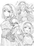  1girl :d armor blush character_request commentary_request embarrassed eyelashes fire_emblem gloves greyscale hair_ornament hairband happy looking_at_viewer monochrome open_mouth short_hair simple_background sketch smile solo standing ten_(tenchan_man) white_background 