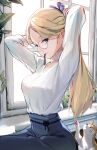  1girl absurdres adjusting_hair blonde_hair blue_eyes blue_skirt breasts cat closed_mouth commentary_request glasses hairband highres korean_commentary long_hair long_sleeves medium_breasts mixed-language_commentary original parted_bangs ponytail seuhyo99 shirt skirt solo tying_hair very_long_hair white_shirt window windowsill 