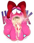  ahegao anthro big_breasts birdo blush bodily_fluids bow_(feature) breasts cum cum_bubbles cum_in_mouth cum_inside genital_fluids gesture hi_res lgbt_pride looking_pleasured mario_bros mole_on_breast nintendo ota_(artist) pink_body pride_colors running_makeup solo tongue tongue_out transgender_pride_colors v_sign 