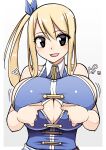  1girl :d bare_shoulders blonde_hair blue_ribbon blue_shirt breasts brown_eyes center_opening cleavage collared_shirt commentary_request fairy_tail gradient_background hair_ribbon highres huge_breasts long_hair looking_at_viewer lucy_heartfilia motion_lines open_mouth paizuri_invitation ribbon sakidesu shirt side_ponytail sleeveless sleeveless_shirt smile solo sound_effects upper_body white_background 