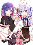  2girls absurdres angora_rabbit animal_on_head black_footwear black_shirt black_skirt black_thighhighs blue_eyes blue_hair blush candy closed_mouth commentary_request food fuiba_fuyu gochuumon_wa_usagi_desu_ka? hair_between_eyes highres holding holding_candy holding_food kafuu_chino light_blue_hair long_hair long_sleeves looking_at_viewer multiple_girls on_head parted_lips pleated_skirt rabbit ryoutan shirt shoes short_hair skirt smile thighhighs tippy_(gochiusa) white_footwear white_shirt white_skirt white_thighhighs 