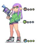  1girl blunt_bangs breasts closed_mouth ear_piercing full_body green_eyes green_jacket hand_in_pocket holding inkling inkling_girl jacket l-3_nozzlenose_(splatoon) legs long_hair long_sleeves looking_at_viewer piercing pointy_ears purple_hair shimazaki1152 shoes short_shorts shorts simple_background small_breasts sneakers solo splatoon_(series) standing tentacle_hair white_background 
