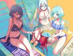  3girls beach bikini black_bikini black_hair blue_bikini blue_eyes blue_hair ensemble_stars! epuko genderswap genderswap_(mtf) hibiki_wataru high_ponytail low_twintails multicolored_bikini multicolored_clothes multiple_girls octopus purple_bikini purple_eyes red_eyes sakuma_rei_(ensemble_stars!) shinkai_kanata swimsuit twintails under_umbrella white_bikini yellow_bikini 