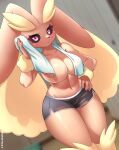  anthro big_breasts bottomwear breasts clothed clothing female generation_4_pokemon hi_res lopunny nintendo pokemon pokemon_(species) shorts sk3tchk4t solo topless towel wide_hips 