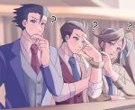  1girl 2boys ? ace_attorney antenna_hair apollo_justice athena_cykes black_hair blue_jacket blue_necktie blue_ribbon blue_vest blurry blurry_background bracelet brown_hair buttons closed_mouth collared_shirt crossed_arms earrings hair_ribbon hand_on_own_chin hand_on_own_hip highres jacket jewelry lapel_pin lapels layered_sleeves long_sleeves multiple_boys necklace necktie parted_lips phoenix_wright pointing_at_forehead purple_eyes red_eyes red_necktie red_vest ribbon sakami_ameka shirt short_hair sidelocks sleeve_cuffs sleeves_past_elbows spiked_hair suit_jacket thinking very_short_hair vest white_shirt yellow_jacket 