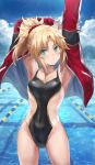  1girl alternate_costume blonde_hair braid breasts commentary_request competition_swimsuit covered_navel fate/grand_order fate_(series) french_braid green_eyes hair_ornament hair_scrunchie highres jacket lane_line long_hair looking_at_viewer mordred_(fate) mordred_(fate/apocrypha) one-piece_swimsuit parted_bangs ponytail pool red_scrunchie scrunchie sidelocks small_breasts smile solo swimsuit thighs tonee two-tone_swimsuit white_one-piece_swimsuit 