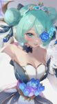  1girl absurdres bare_shoulders black_choker black_dress blue_flower breasts choker cleavage double_bun dress flower flower_over_eye green_eyes green_hair gwen_(league_of_legends) hair_bun highres large_breasts league_of_legends mettyon parted_lips prestige_crystal_rose_gwen short_hair slit_pupils strapless strapless_dress teeth tiara white_background white_dress 