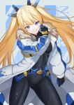  1girl arm_up armored_bodysuit armored_gloves bandaid bandaid_on_cheek bandaid_on_face black_bodysuit black_gloves blonde_hair blue_eyes bodysuit breasts coat contrapposto cowboy_shot fang fur_collar girugiru_(tektonics6588) gloves goddess_of_victory:_nikke head_tilt headgear highres laplace_(nikke) light_blush long_hair open_clothes open_coat sidelocks small_breasts solo standing twintails two-tone_gloves white_coat 