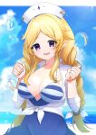  1girl absurdres bikini blonde_hair breasts cleavage commentary_request elf highres long_hair looking_at_viewer official_alternate_costume open_mouth parted_bangs pointy_ears princess_connect! purple_eyes shiroue_tomari sidelocks smile solo striped striped_bikini swimsuit yukari_(princess_connect!) yukari_(summer)_(princess_connect!) 