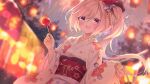  1girl azur_lane blurry blurry_background candy_apple evening festival floral_print flower food hair_flower hair_ornament holding japanese_clothes juno_(azur_lane) juno_(fairly_flavourful_festival)_(azur_lane) kimono kyouya0514 lights long_hair long_sleeves looking_at_viewer official_alternate_costume open_mouth pink_hair pink_kimono pink_nails ponytail purple_eyes red_flower side_ponytail smile solo summer_festival tree upper_body wide_sleeves yukata 