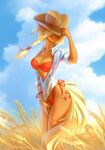  1girl applejack blonde_hair bra cloud colored_skin furry furry_female highres humanization long_hair my_little_pony my_little_pony:_friendship_is_magic open_clothes open_shirt orange_skin outdoors panties red_bra red_panties solo tattoo tomatocoup underwear wheat_field 