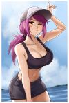  1girl absurdres airisubaka bandaid bandaid_on_cheek bandaid_on_face breasts cleavage cloud collarbone commentary cowboy_shot highres large_breasts leah_(airisubaka) looking_at_viewer low_ponytail navel ocean one_eye_closed original outdoors purple_hair shorts smile solo sports_bra water 