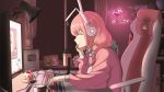  1girl absurdres akatsuki_banmai cake chair closed_eyes closed_mouth computer cup curtains eggplant english_commentary food fruit gaming_chair headphones hibiki_du_ca highres keyboard_(computer) lamp monitor mouse_(computer) nijigen_project picture_frame pink_hair potatoc96030882 rain smile strawberry swivel_chair virtual_youtuber window youtube_logo 