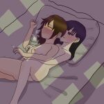  2girls blue_hair blush brown_hair closed_eyes completely_nude fingering fingering_from_behind highres long_hair multiple_girls nipple_tweak nude on_bed original pillow smile yuri 